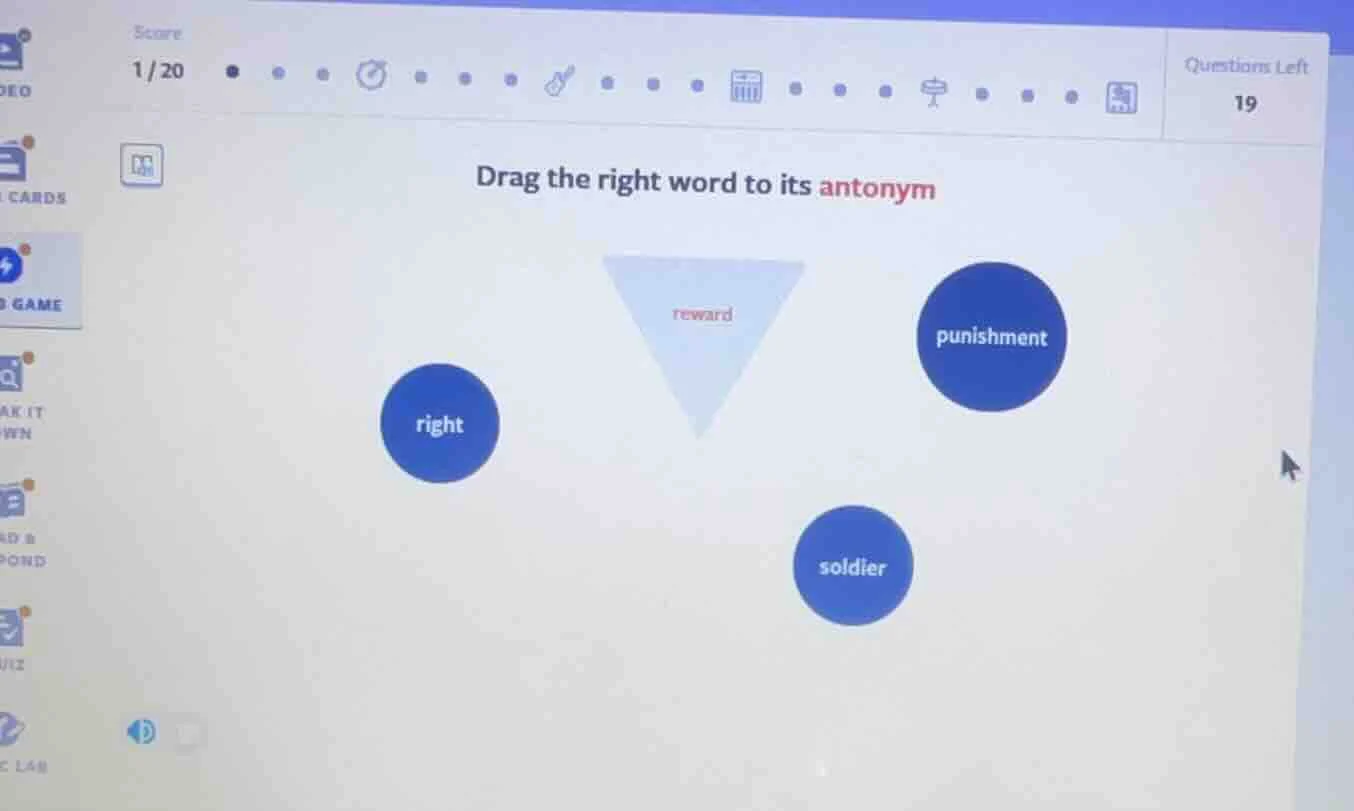 drag the right word to its antonym reward punishment right soldier