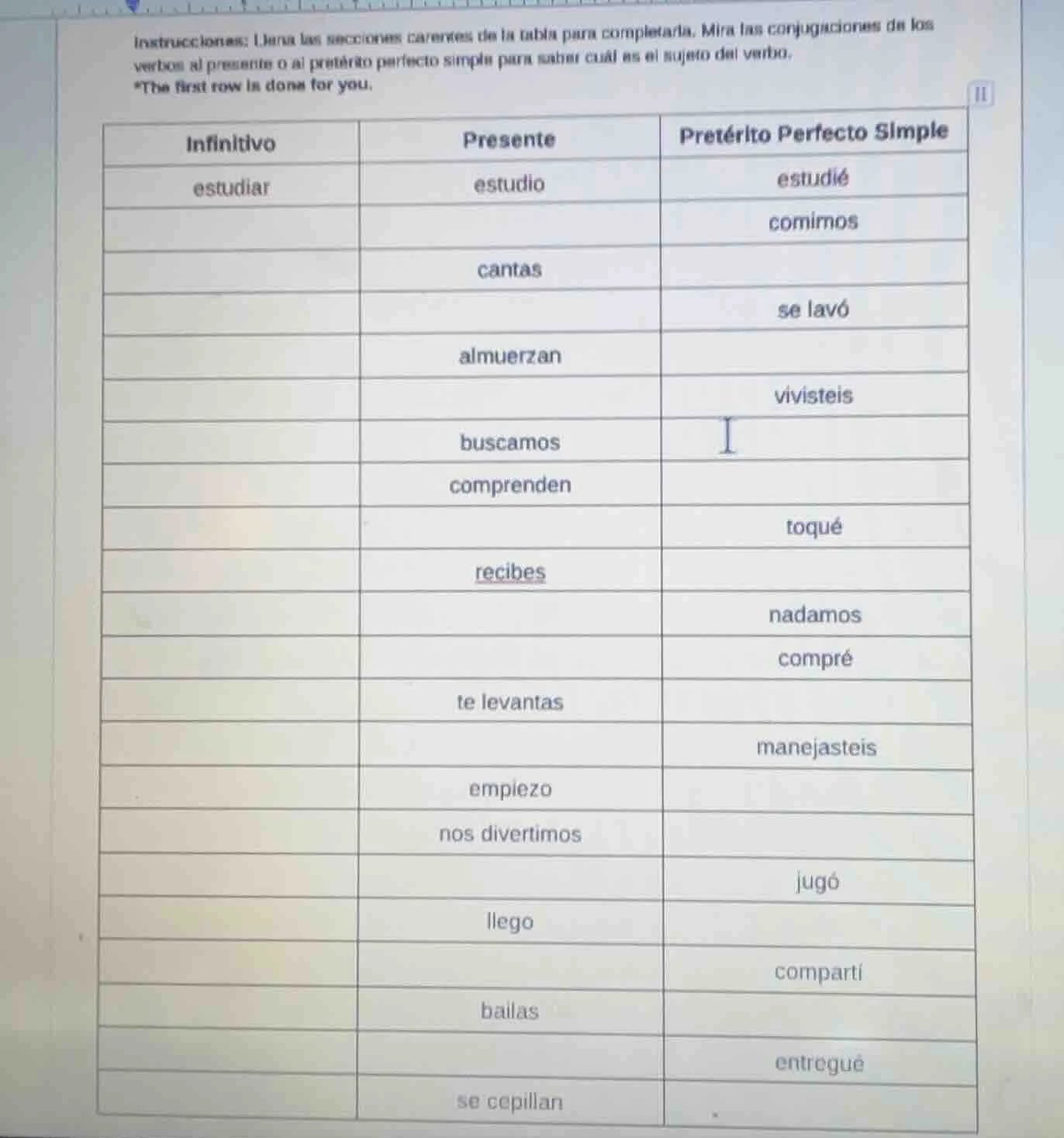 instrucciones: llena las secciones carentes de la tabla para completarl…