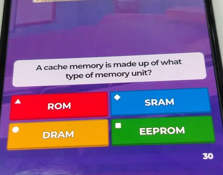 a cache memory is made up of what type of memory unit? rom sram dram ee…