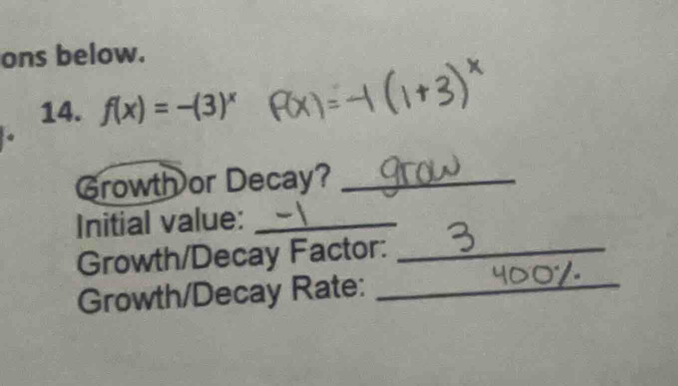 ons below. 14. $f(x) = -(3)^x$ $f(x)=-1(1 + 3)^x$ growth or decay? init…