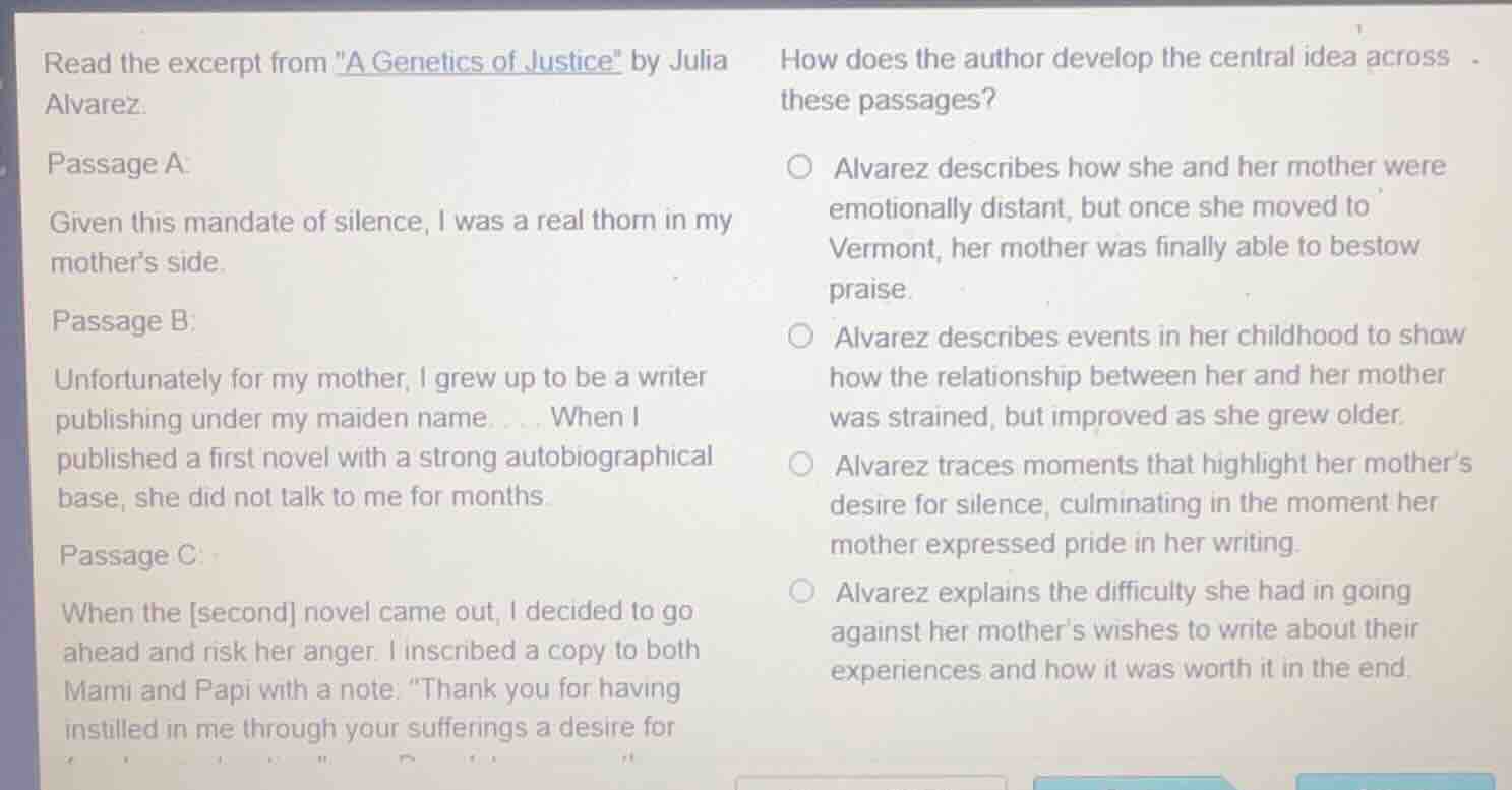read the excerpt from \a genetics of justice\ by julia alvarez. passage…