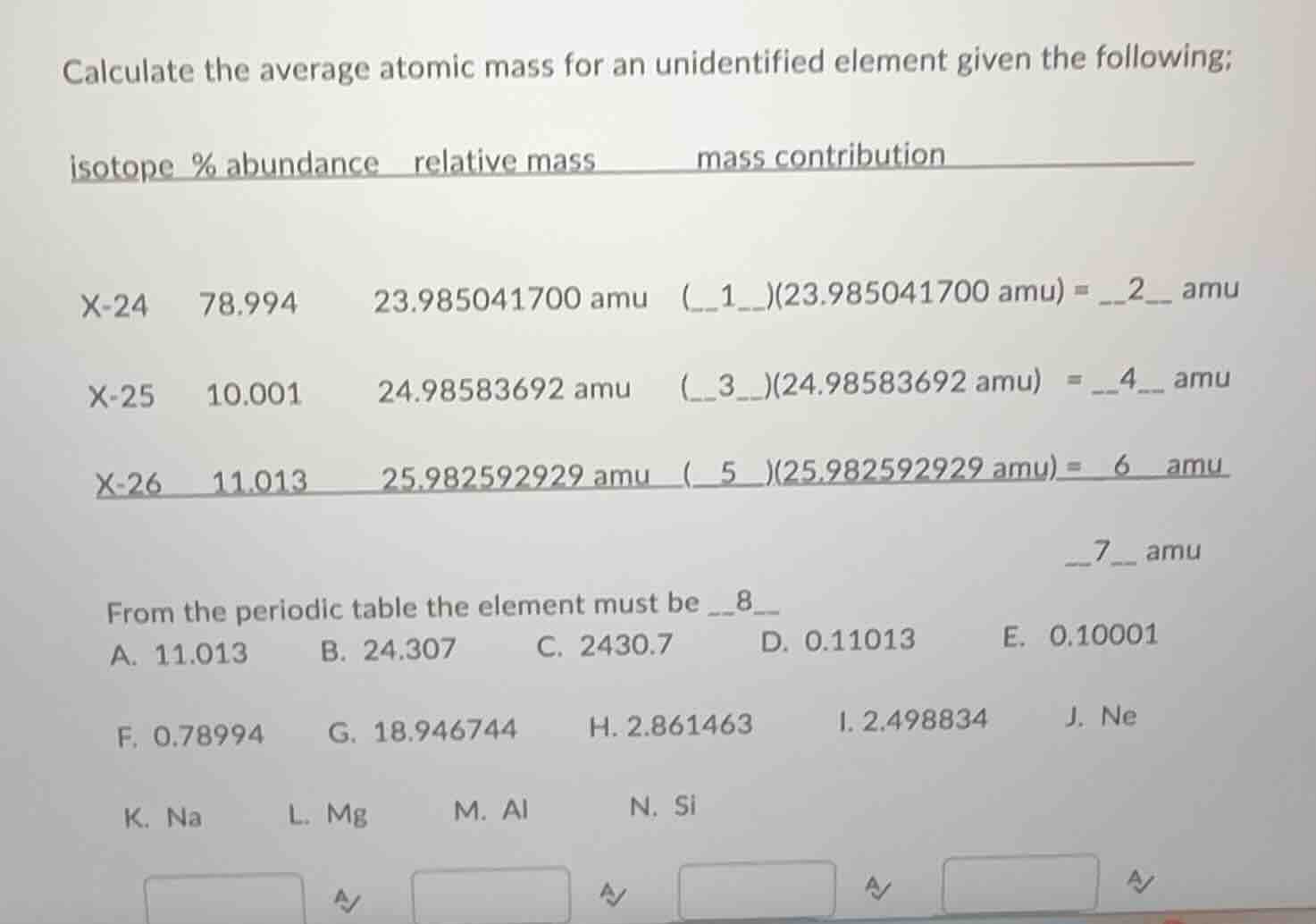 calculate the average atomic mass for an unidentified element given the…