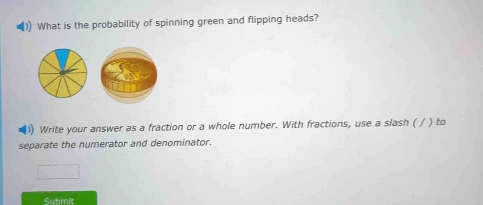 what is the probability of spinning green and flipping heads? write you…