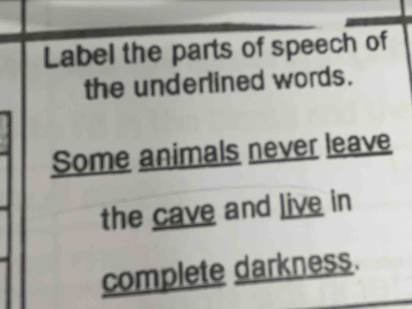 label the parts of speech of the underlined words. some animals never l…