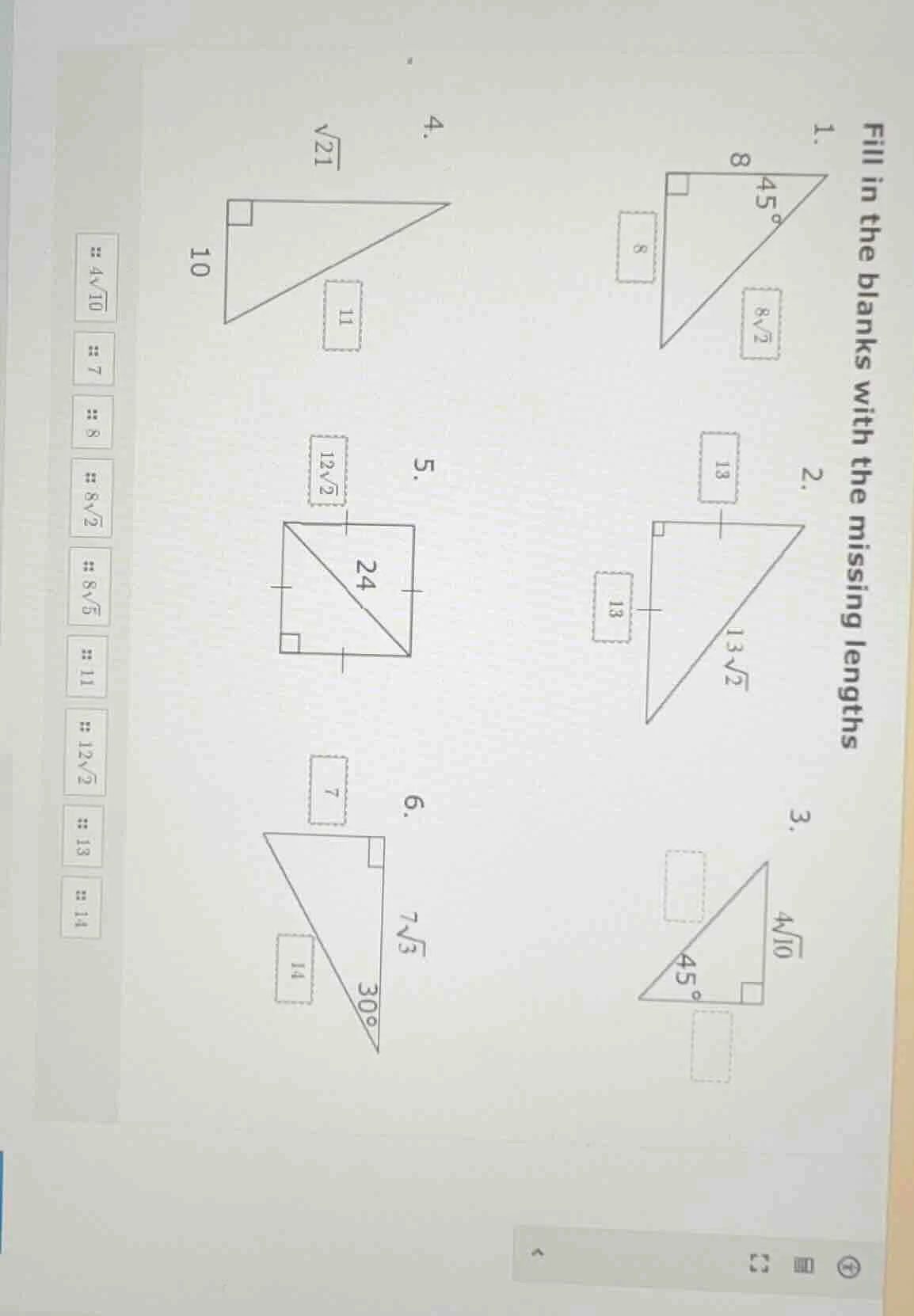 fill in the blanks with the missing lengths 1. 2. 3. 4. 5. 6. options: …