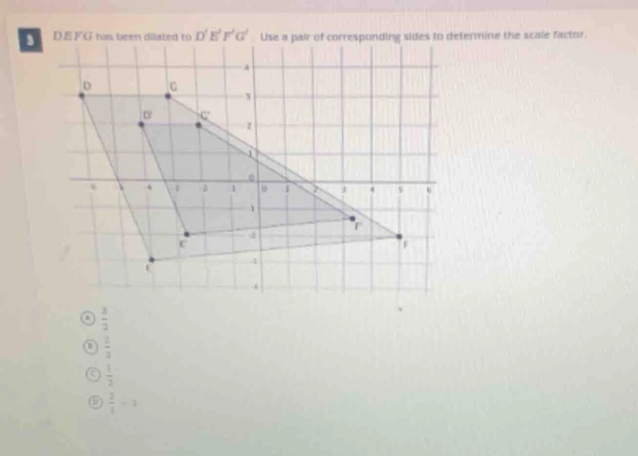 defg has been dilated to defg. use a pair of corresponding sides to det…