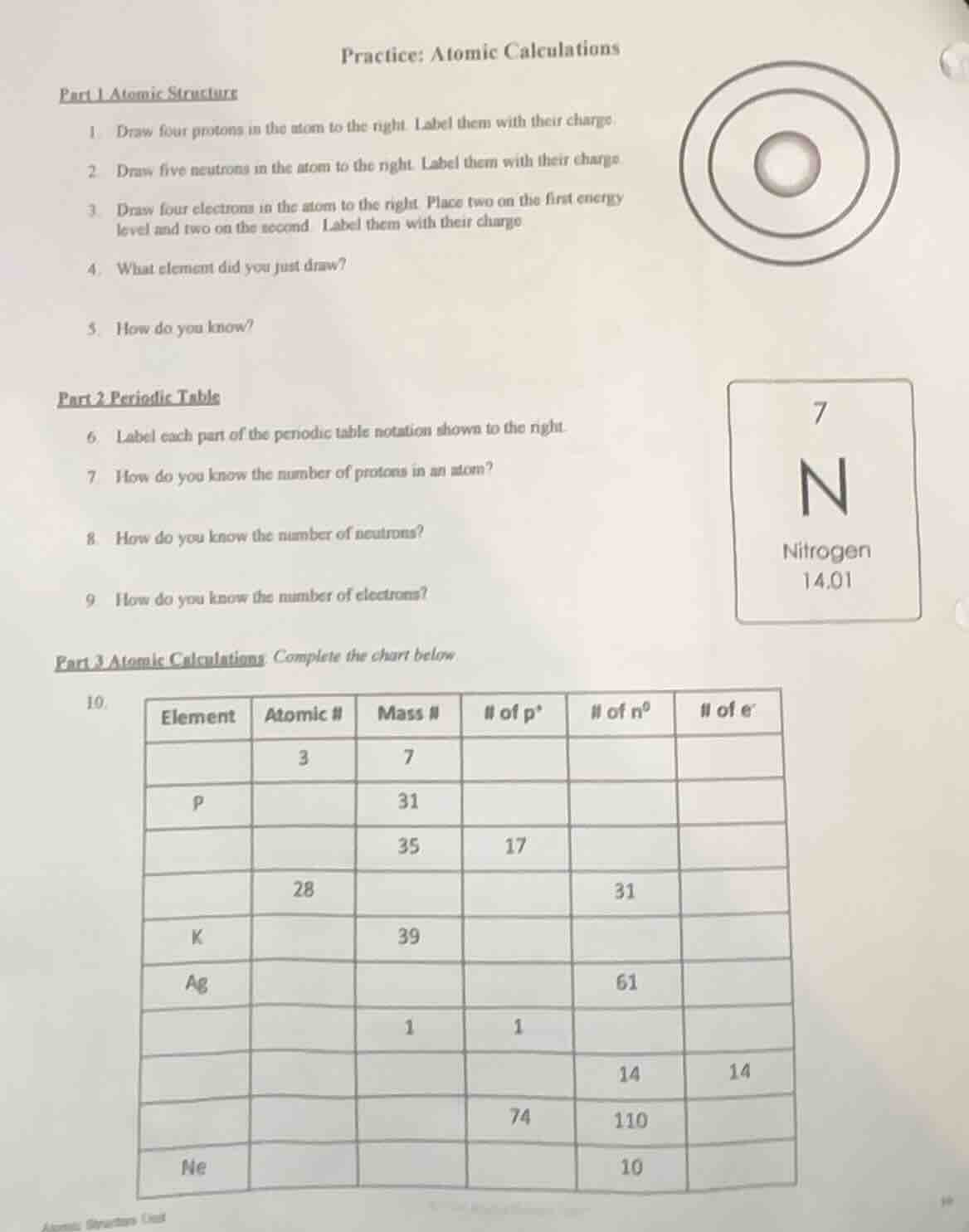 practice: atomic calculations part 1 atomic structure 1 draw four proto…