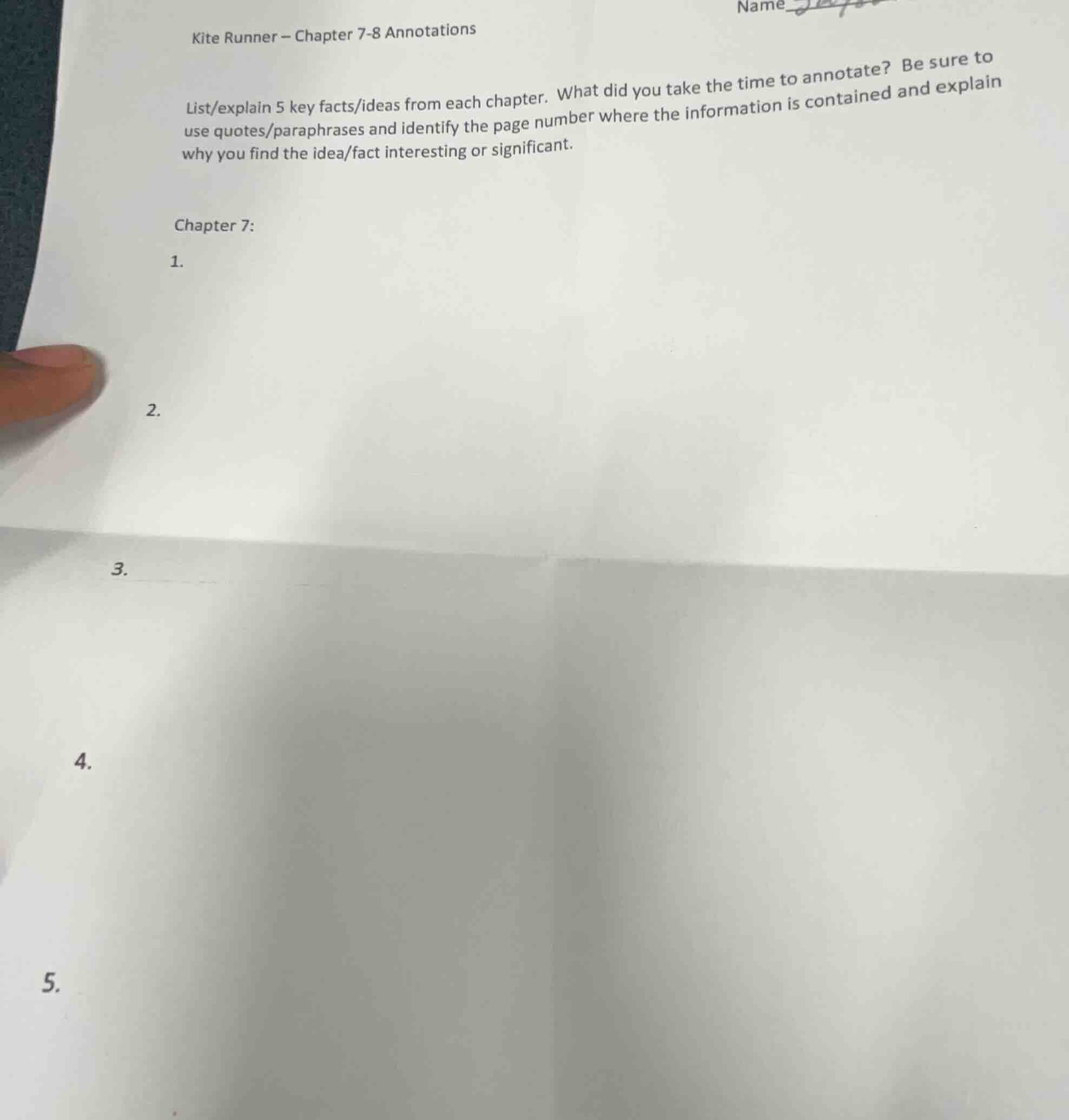 kite runner – chapter 7-8 annotations list/explain 5 key facts/ideas fr…