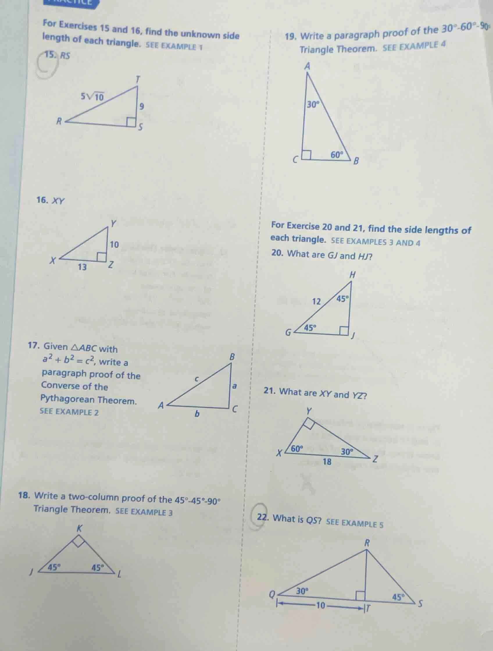 for exercises 15 and 16, find the unknown side length of each triangle.…