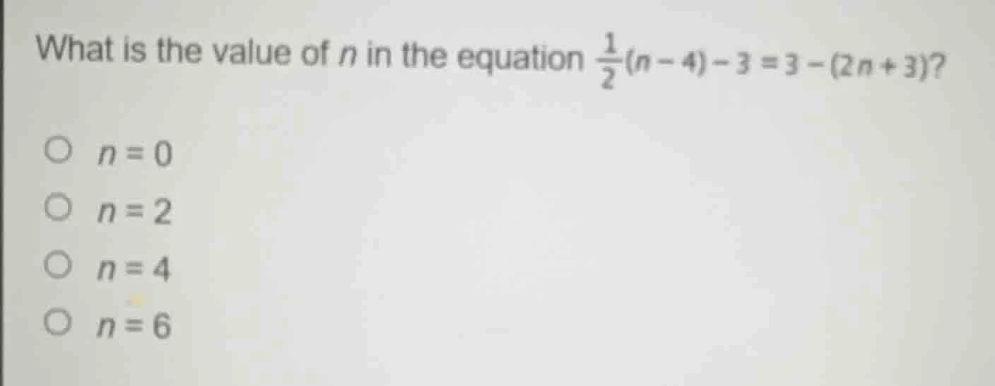 what is the value of n in the equation \\(\frac{1}{2}(n - 4) - 3 = 3 - …