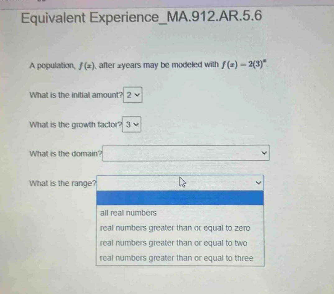 equivalent experience_ma.912.ar.5.6 a population, f(x), after x years m…