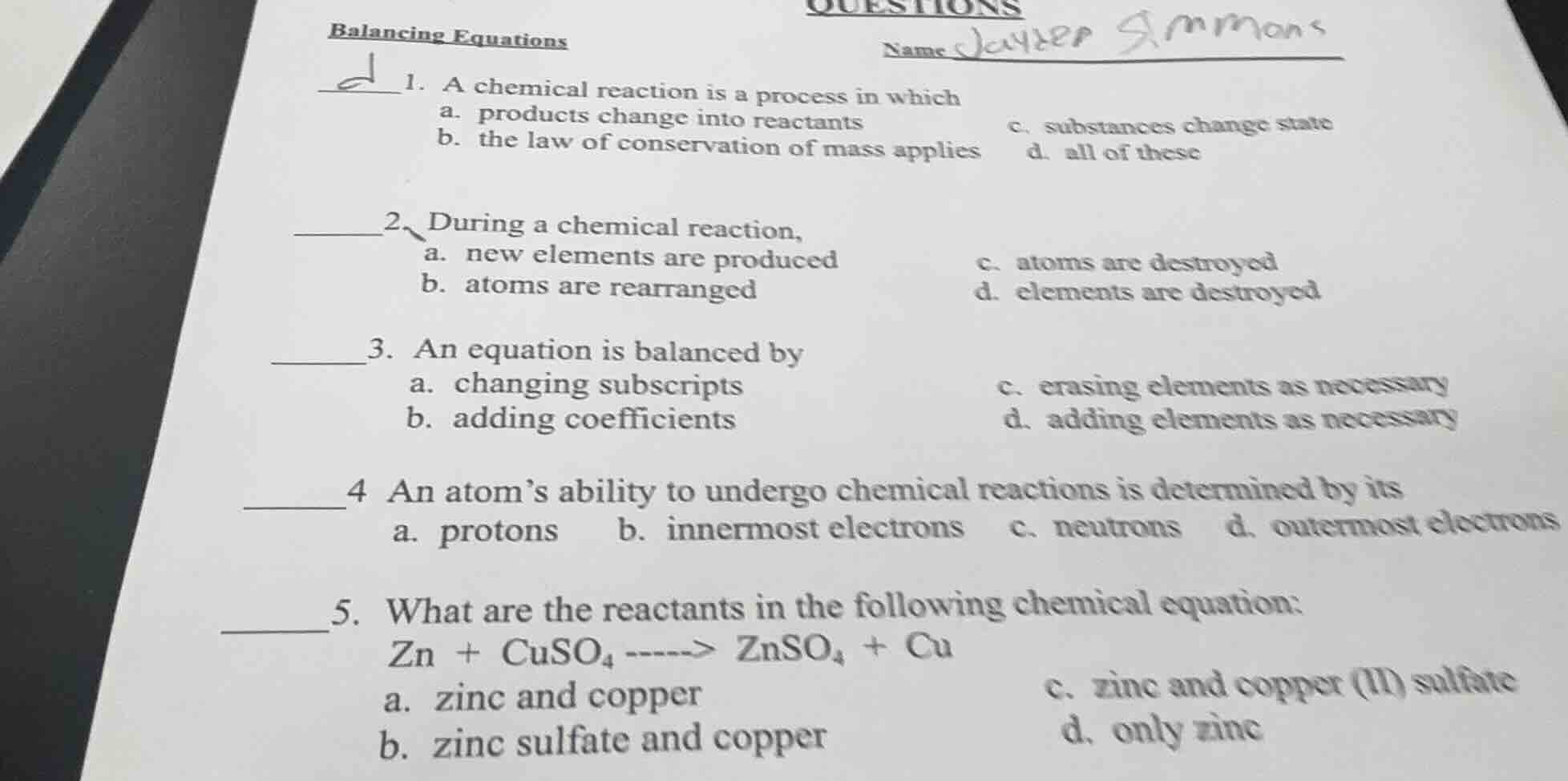 balancing equations name 1. a chemical reaction is a process in which a…