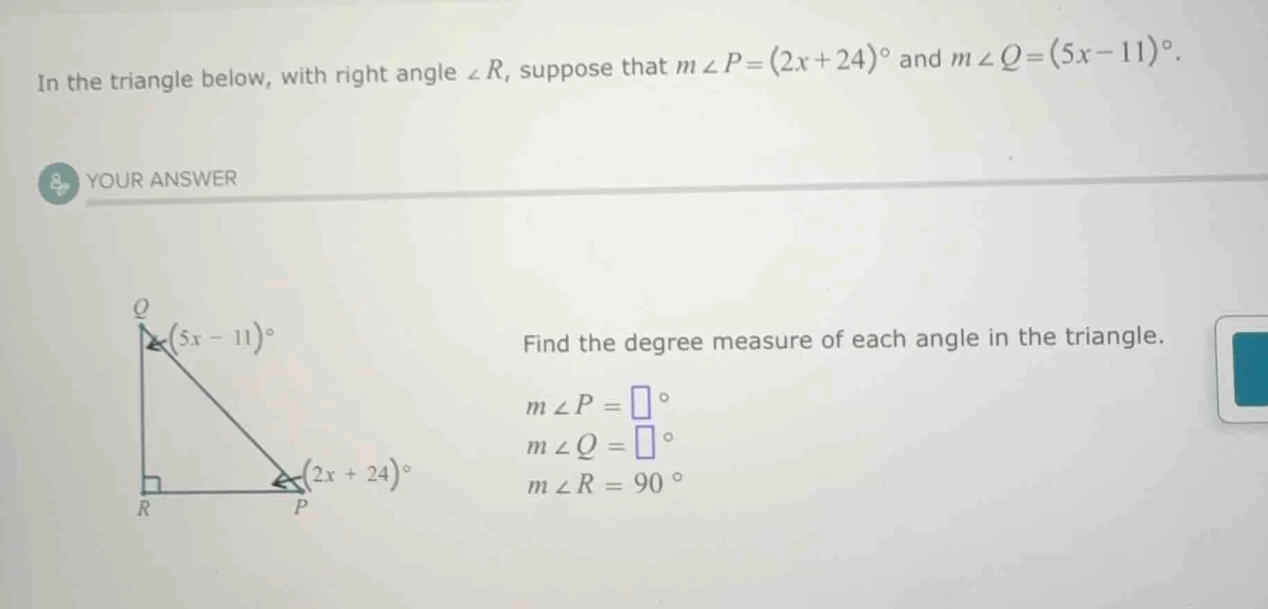 in the triangle below, with right angle $\\angle r$, suppose that $m\\a…