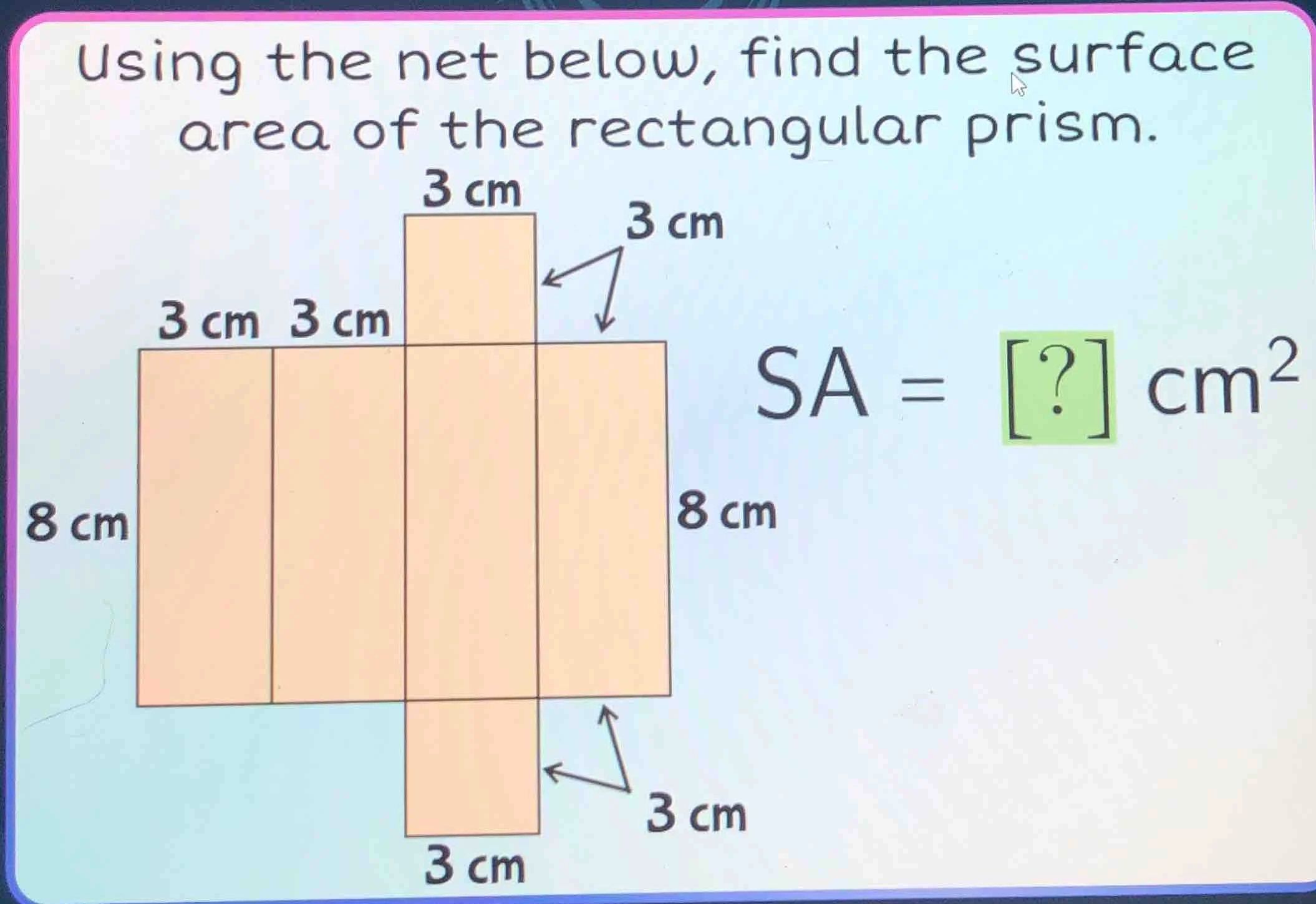 using the net below, find the surface area of the rectangular prism. sa…
