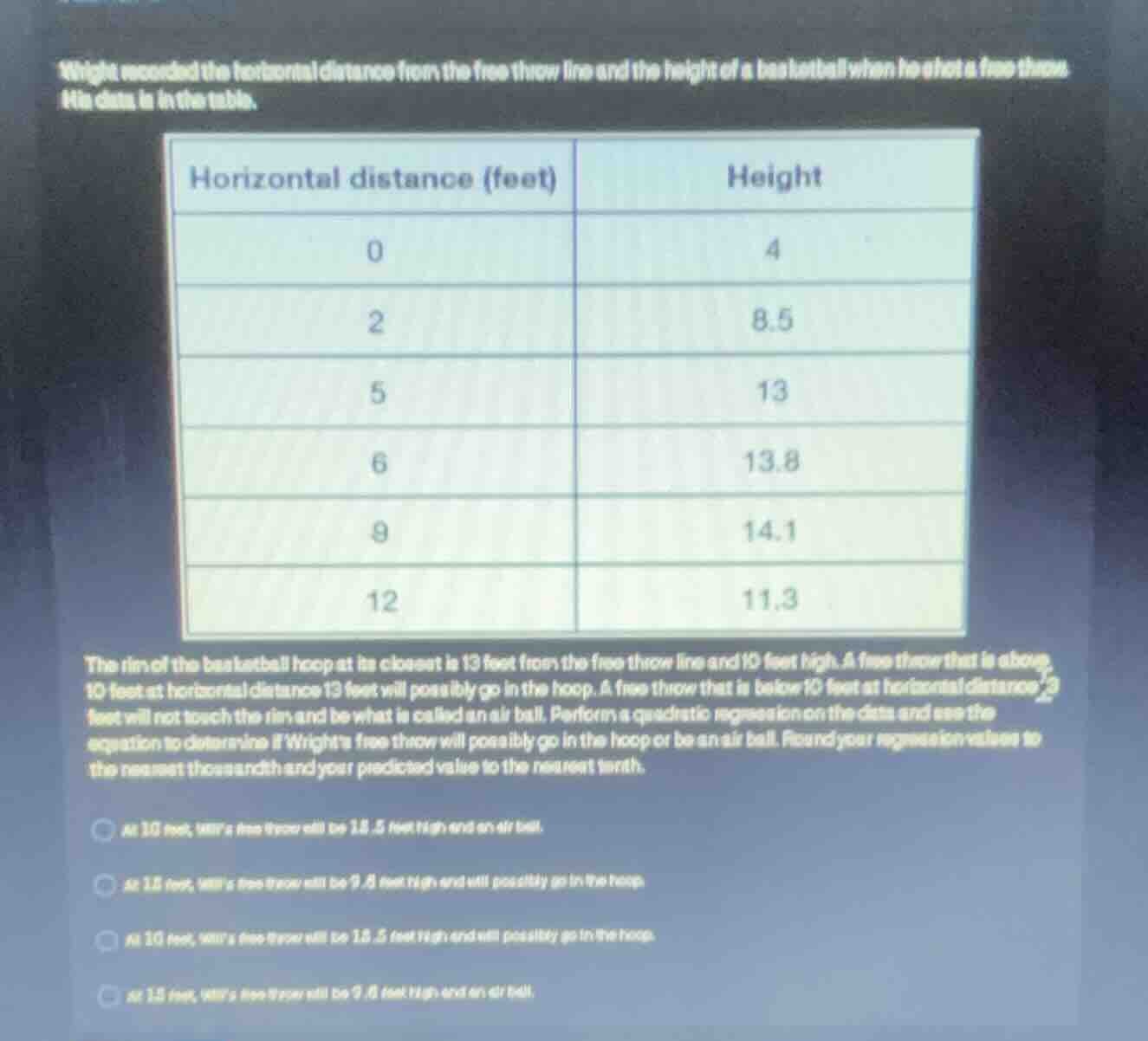 wright recorded the horizontal distance from the free throw line and th…