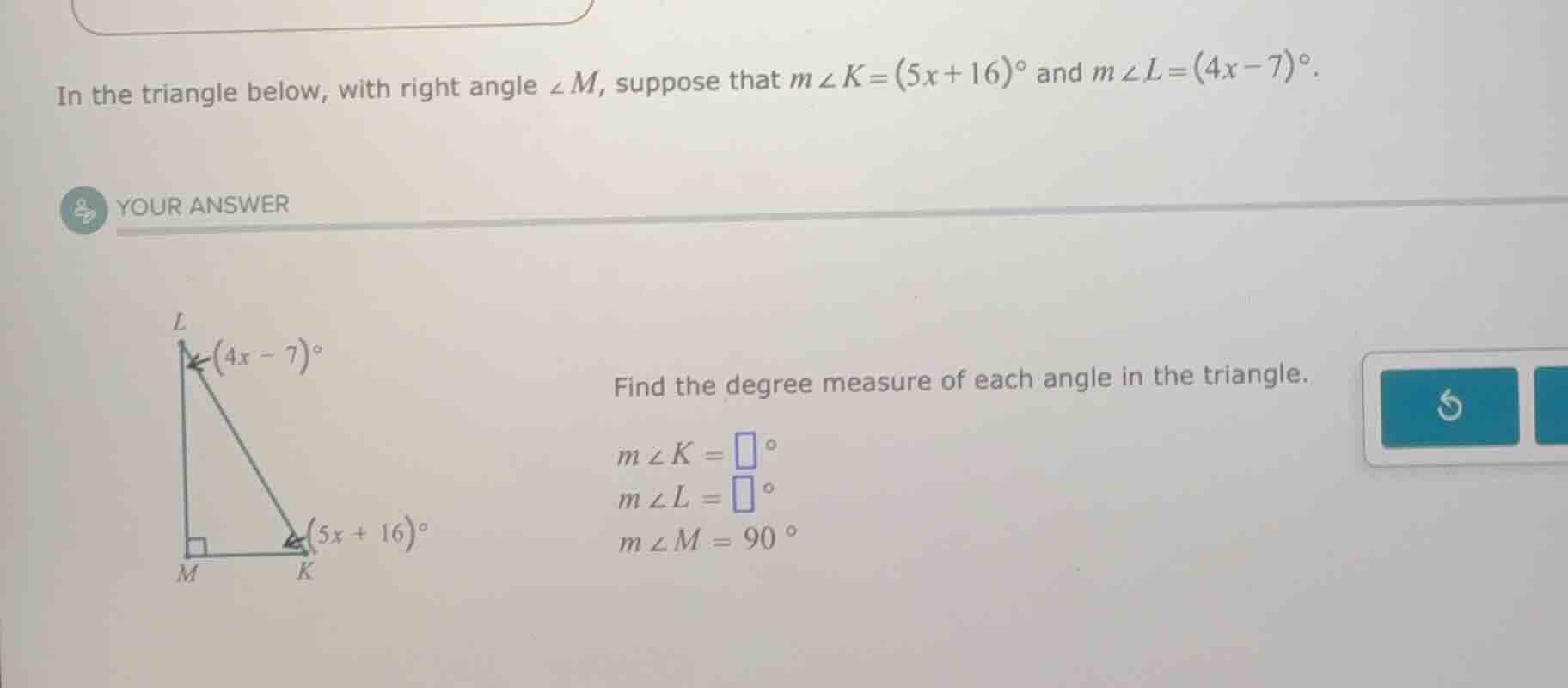 in the triangle below, with right angle $\\angle m$, suppose that $m\\a…