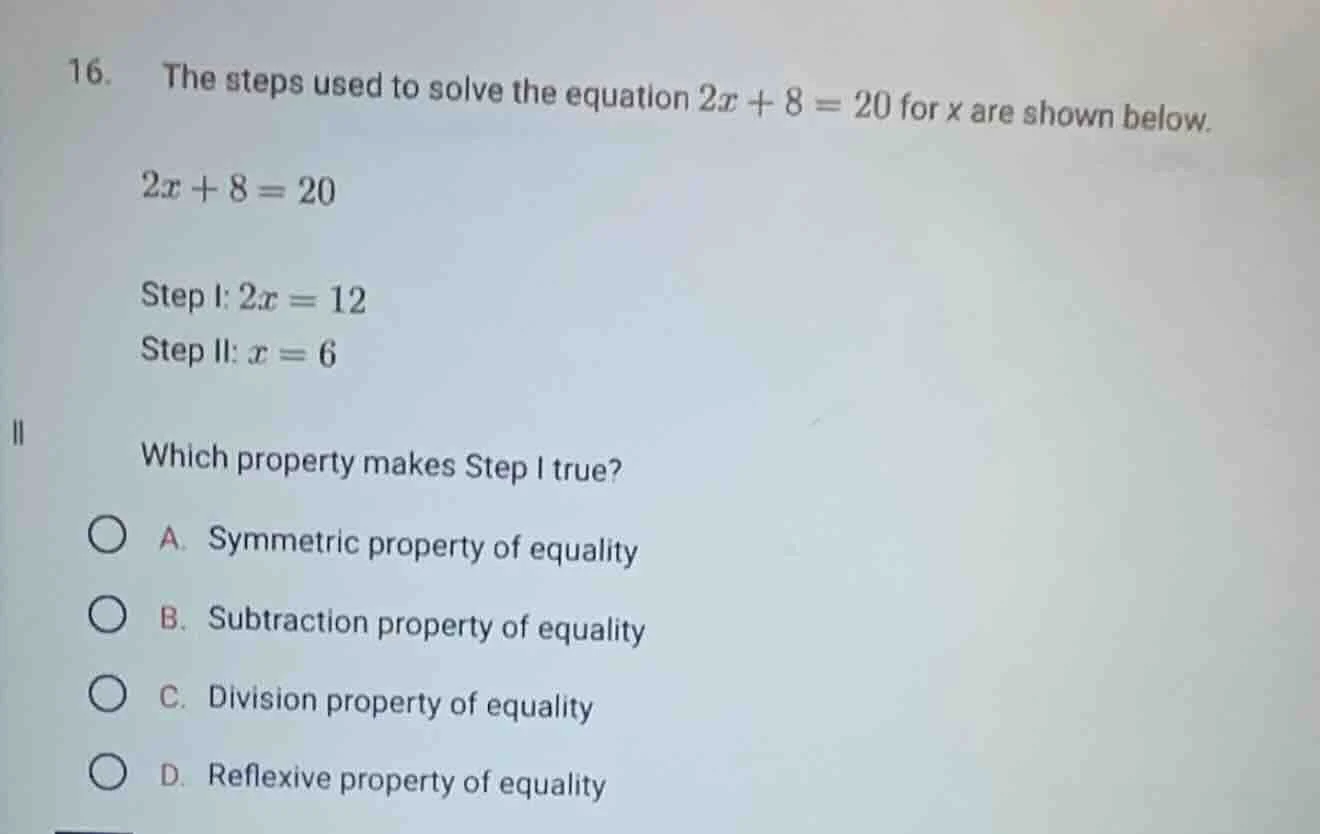 16. the steps used to solve the equation $2x + 8 = 20$ for $x$ are show…
