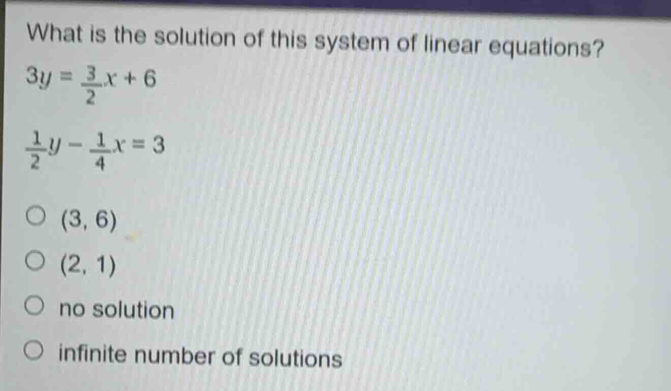 what is the solution of this system of linear equations? $3y = \\frac{3…