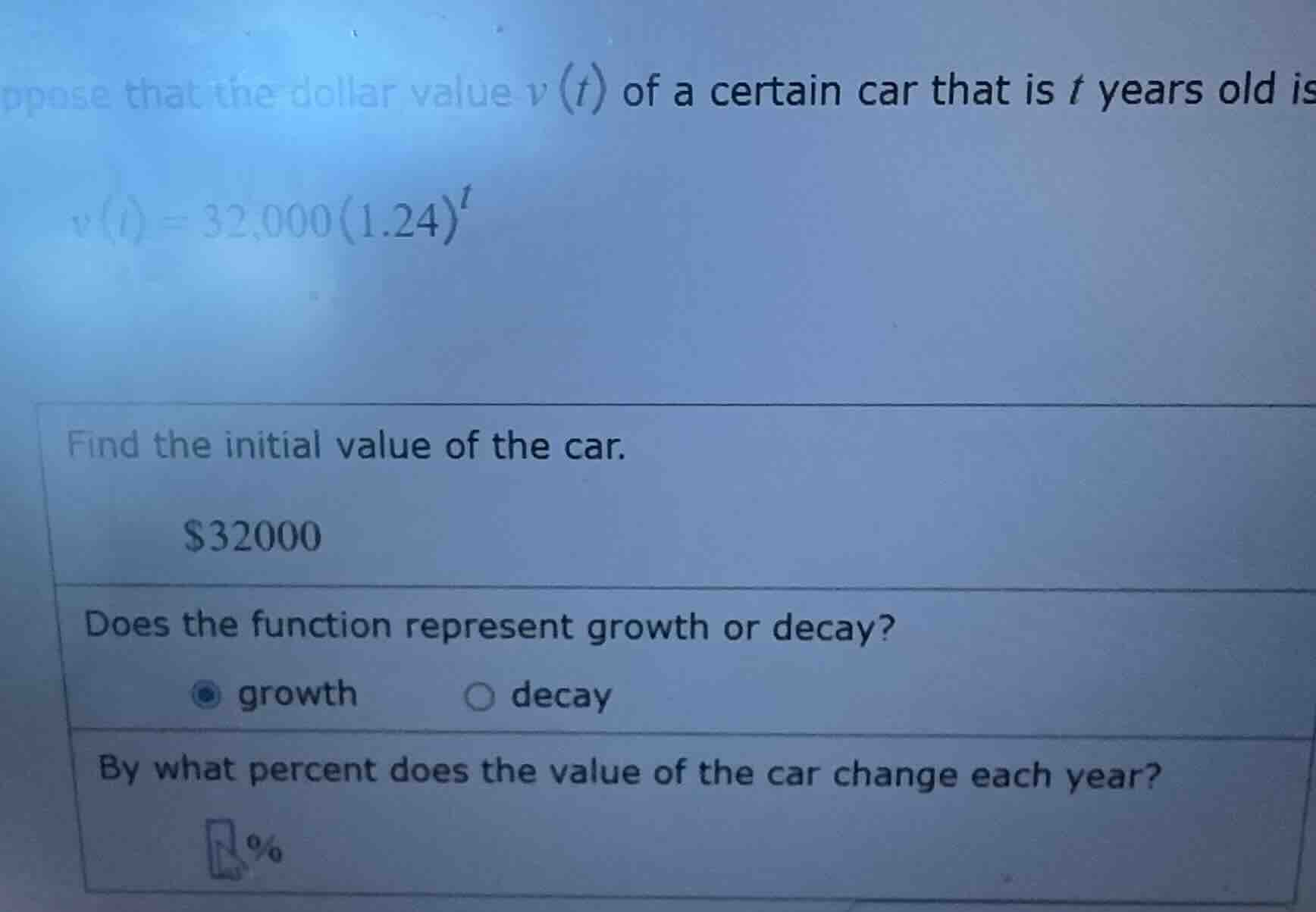 ppose that the dollar value v(t) of a certain car that is t years old i…