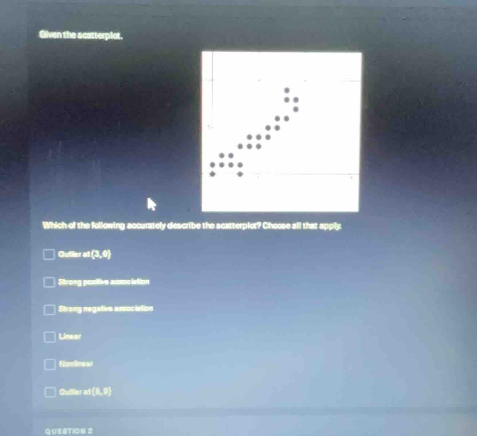 given the scatterplot. which of the following accurately describe the s…