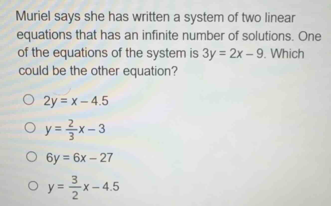 muriel says she has written a system of two linear equations that has a…