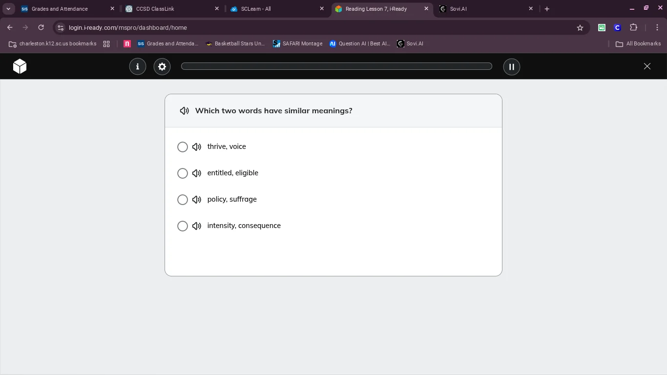 which two words have similar meanings? thrive, voice entitled, eligible…