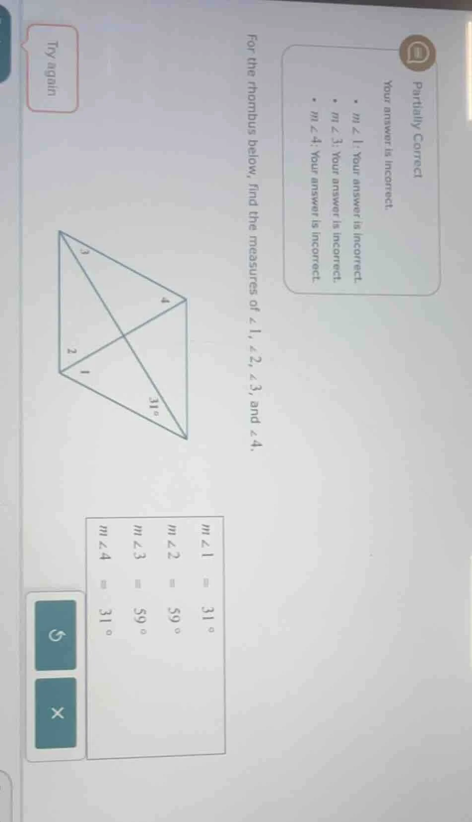 for the rhombus below, find the measures of ∠1, ∠2, ∠3, and ∠4.\ your a…