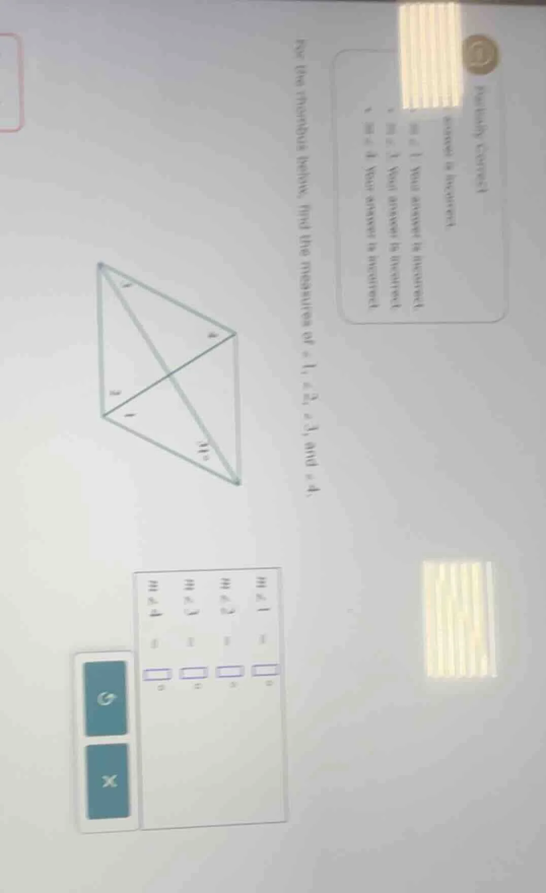 for the rhombus below, find the measures of ∠1, ∠2, ∠3, and ∠4.