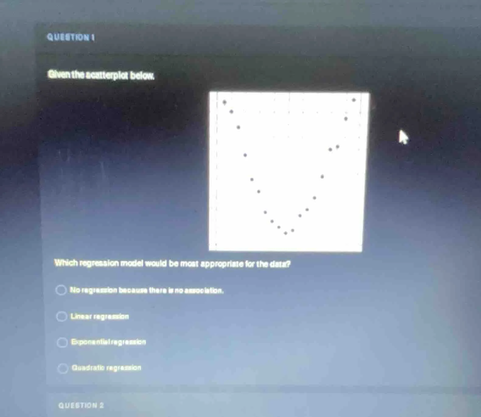 question 1 given the scatterplot below. which regression model would be…