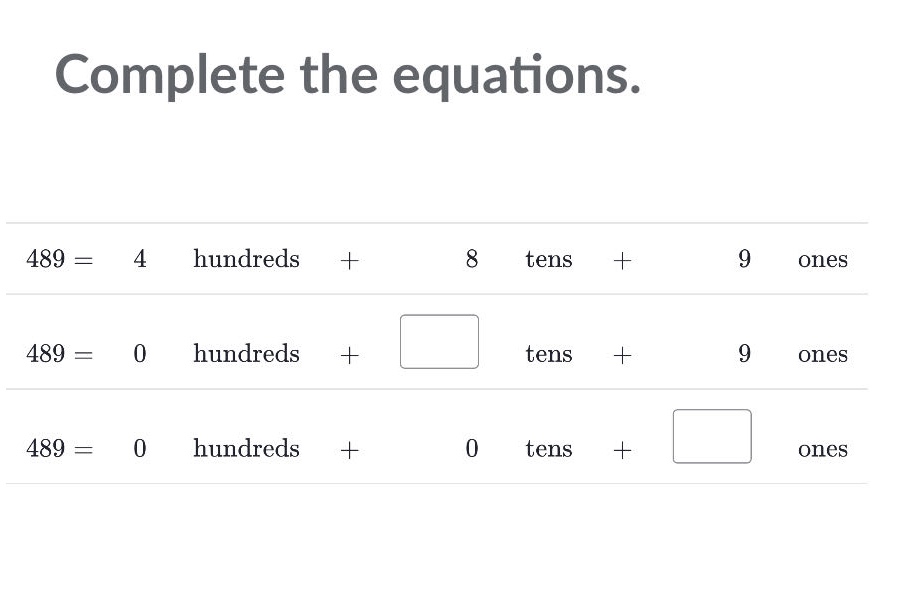 complete the equations. 489 = 4 hundreds + 8 tens + 9 ones 489 = 0 hund…