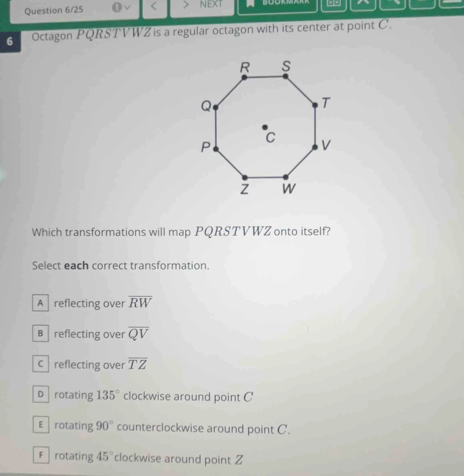 question 6/25 6 octagon pqrstvwz is a regular octagon with its center a…