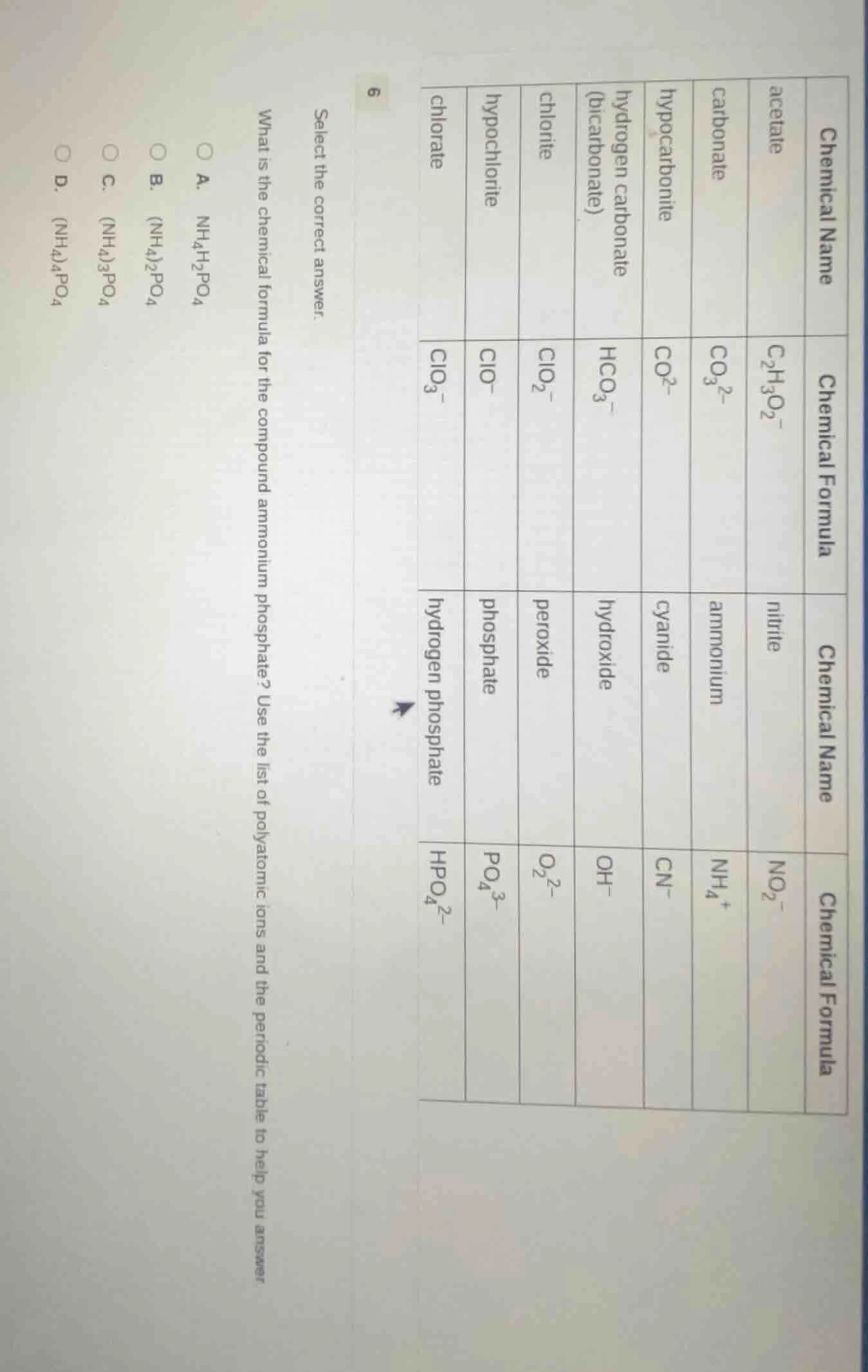 select the correct answer. what is the chemical formula for the compoun…