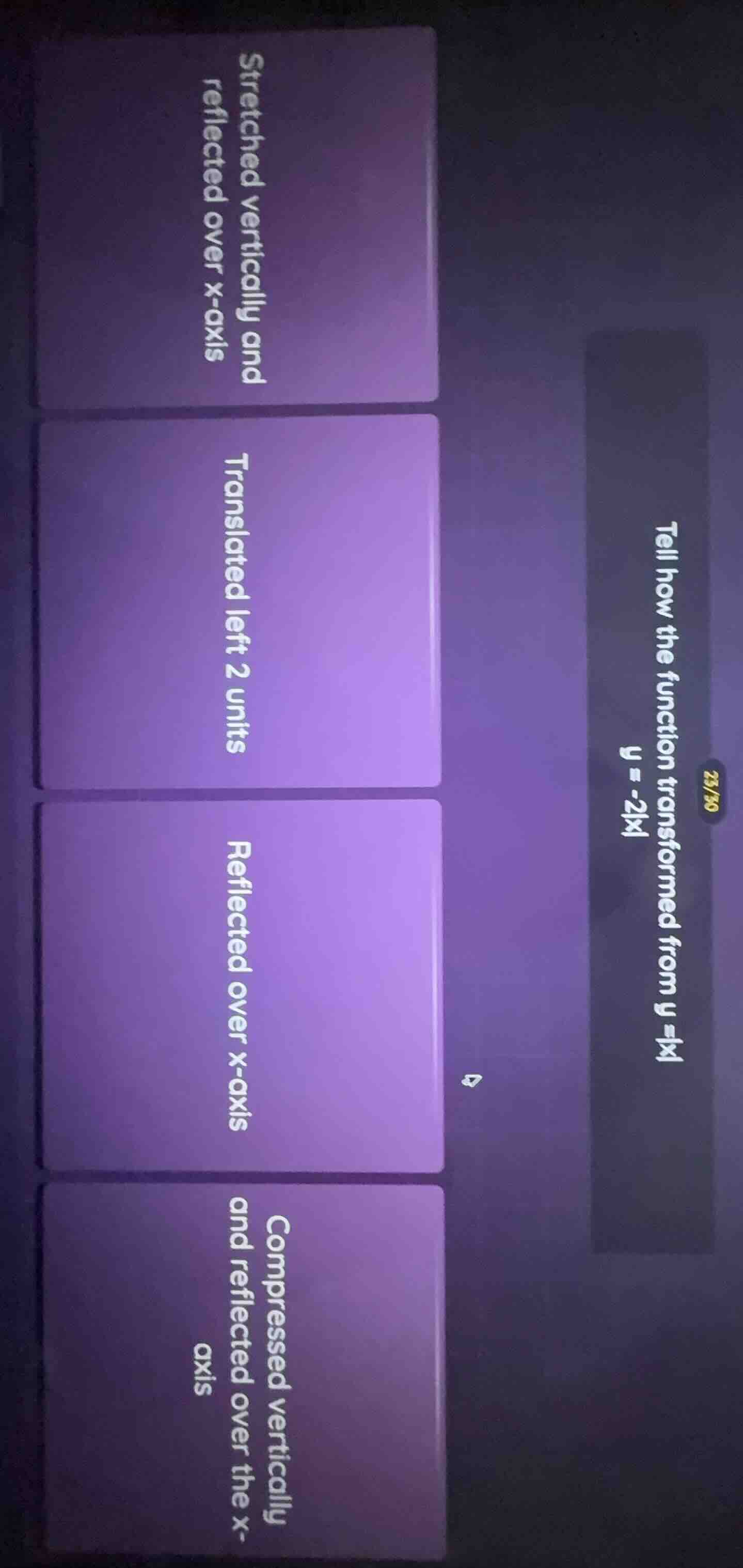 tell how the function transformed from y =|x| y =-2|x| stretched vertic…