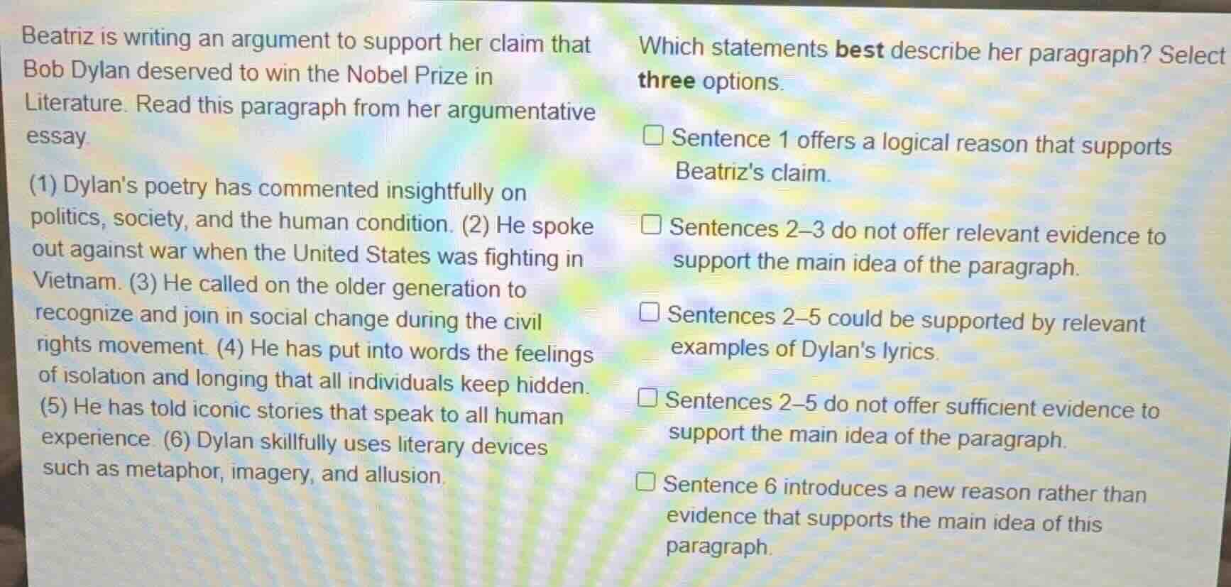 beatriz is writing an argument to support her claim that bob dylan dese…