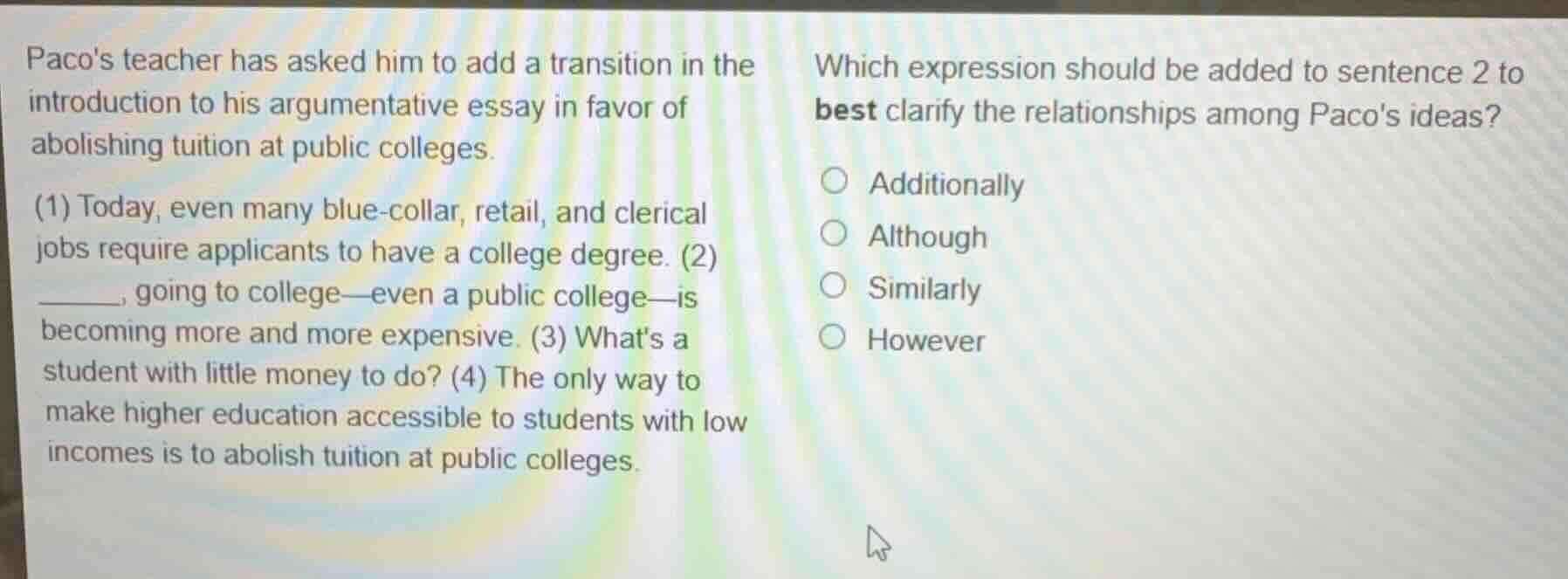 pacos teacher has asked him to add a transition in the introduction to …