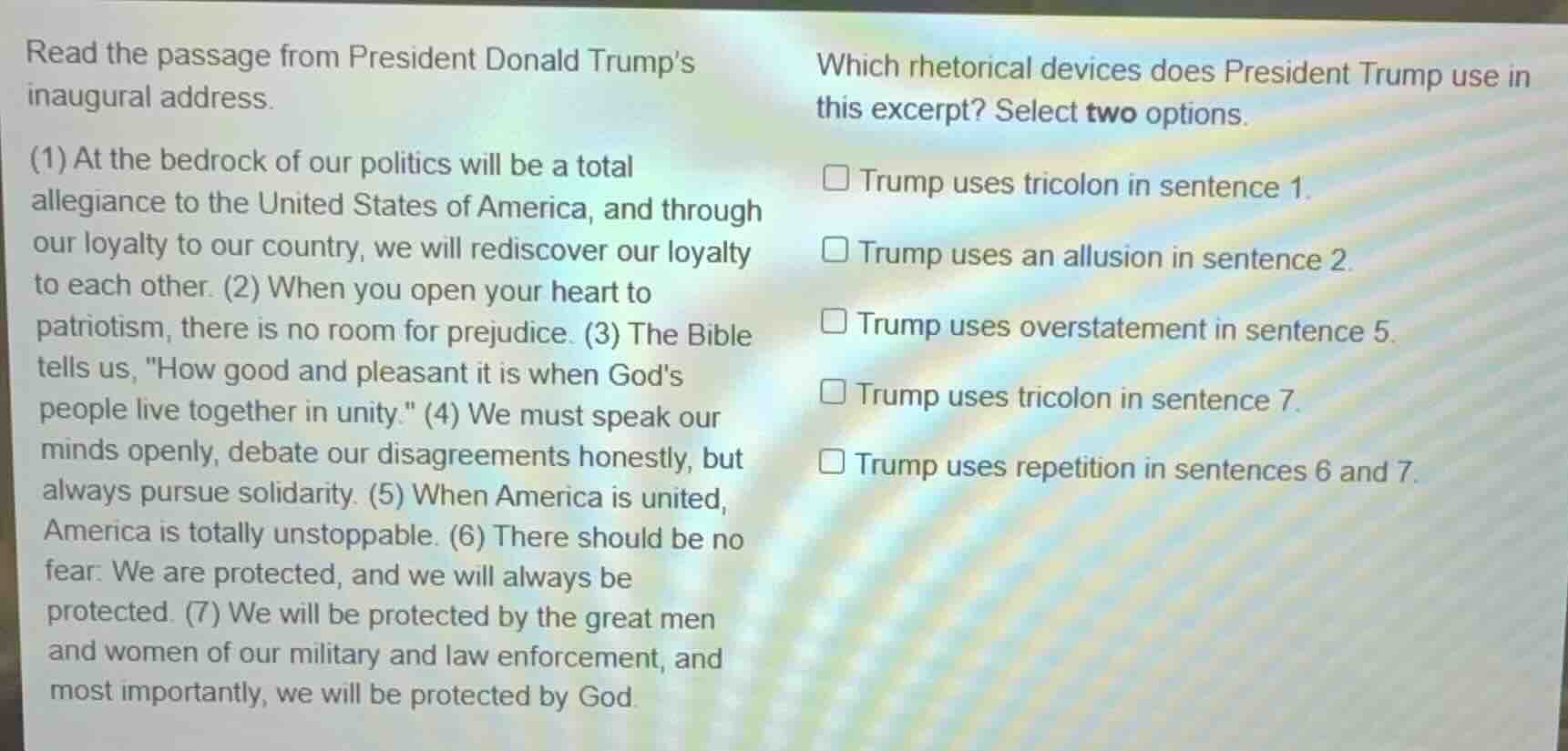 read the passage from president donald trump’s inaugural address. (1) a…