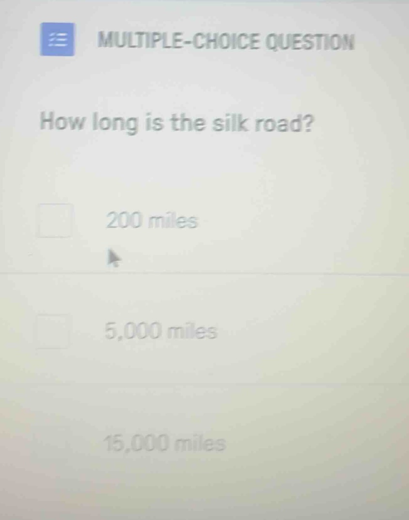 multiple-choice question how long is the silk road? 200 miles 5,000 mil…