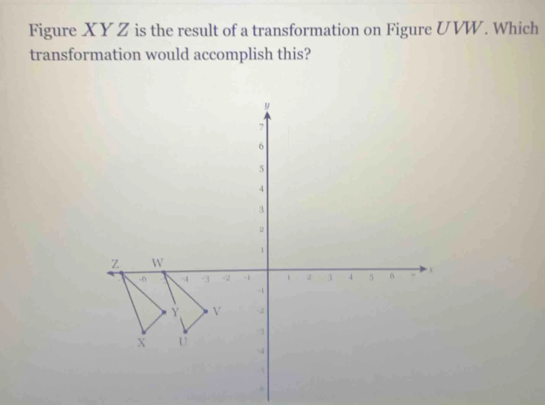 figure xyz is the result of a transformation on figure uvw. which trans…