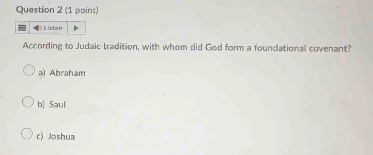 question 2 (1 point) listen according to judaic tradition, with whom di…