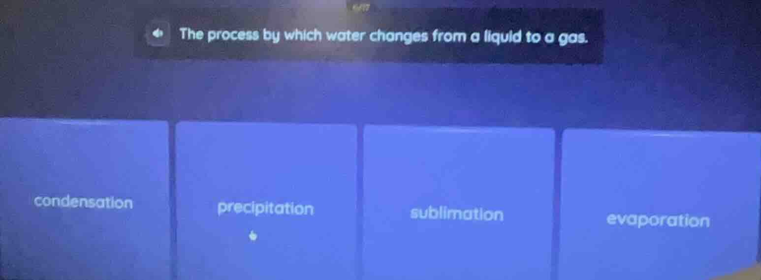the process by which water changes from a liquid to a gas. condensation…