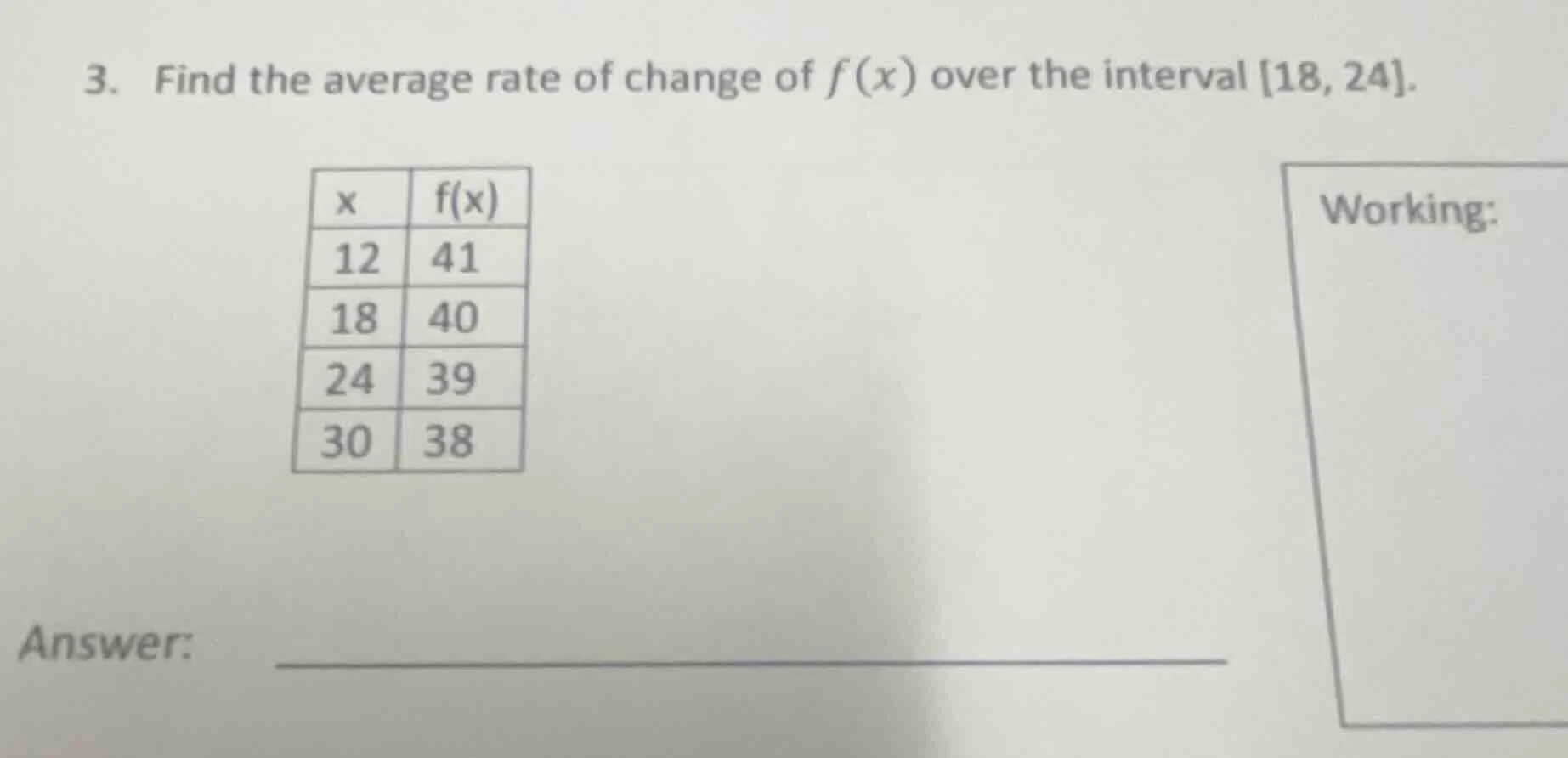 3. find the average rate of change of f(x) over the interval 18, 24. x …
