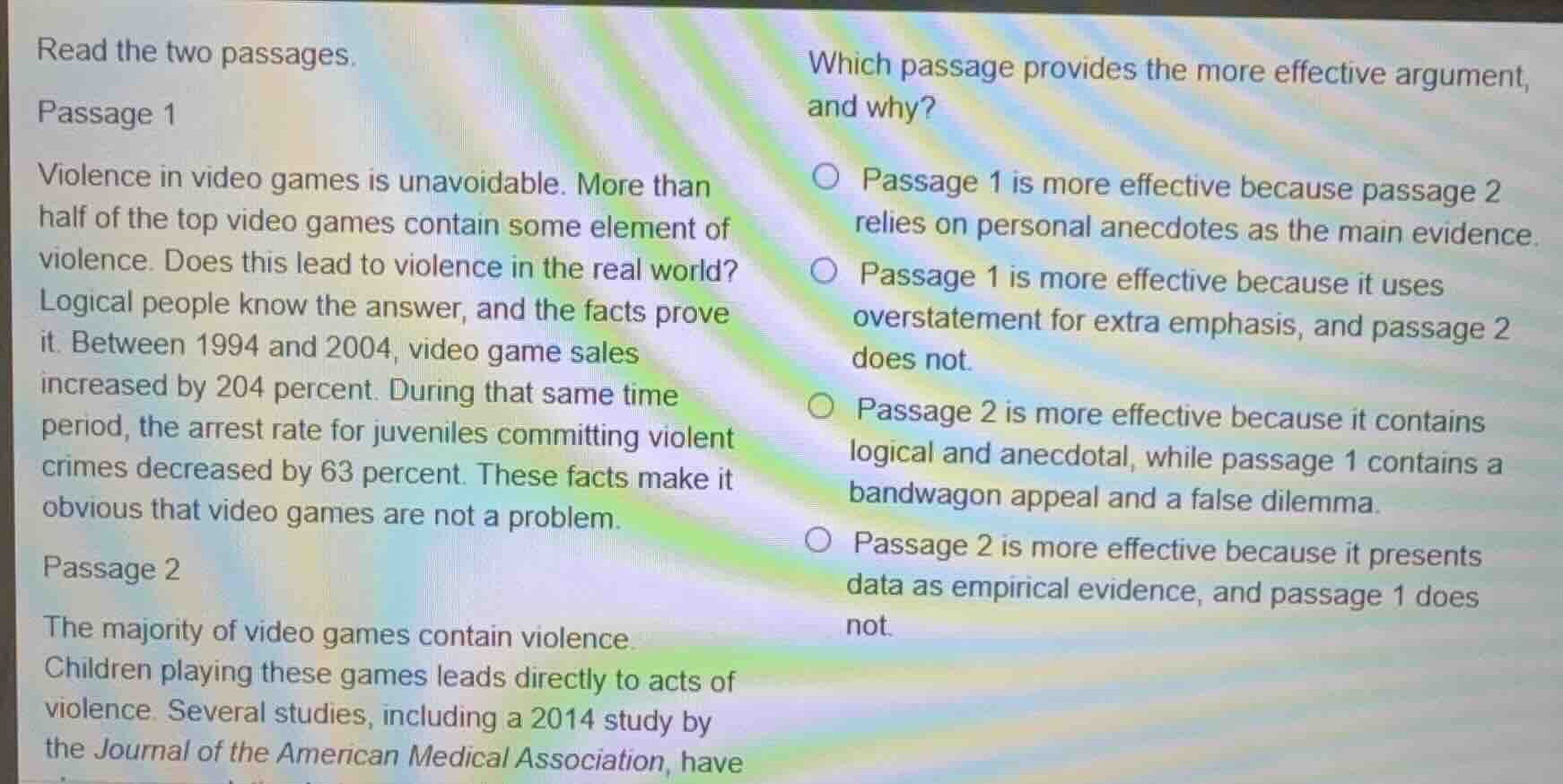 read the two passages. passage 1 violence in video games is unavoidable…