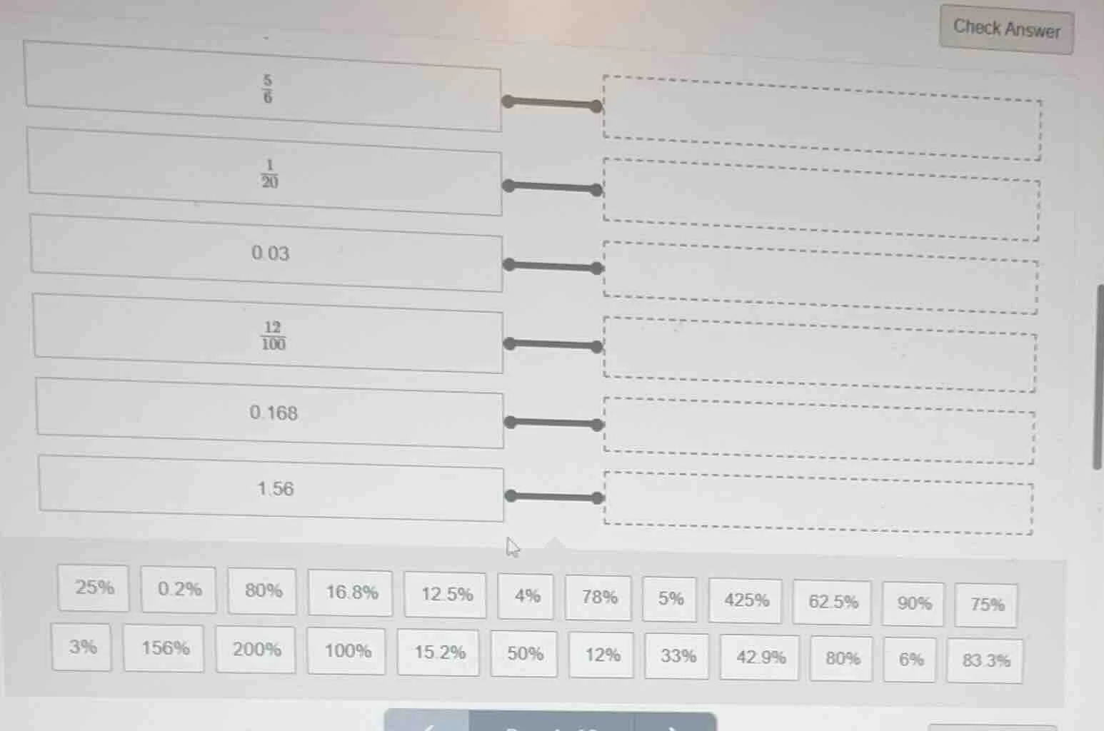 match the following: \\(\\frac{5}{6}\\), \\(\\frac{1}{20}\\), 0.03, \\(…