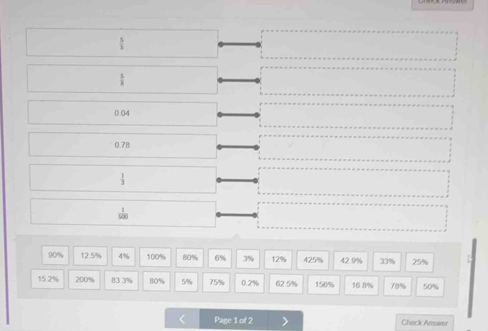 match the following: \\(\\frac{5}{5}\\), \\(\\frac{5}{8}\\), 0.04, 0.78…