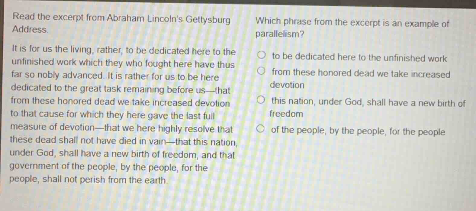 read the excerpt from abraham lincolns gettysburg address. it is for us…