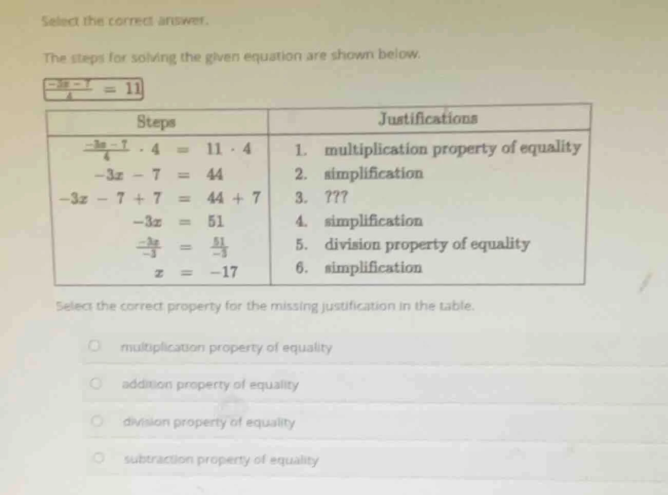 select the correct answer. the steps for solving the given equation are…