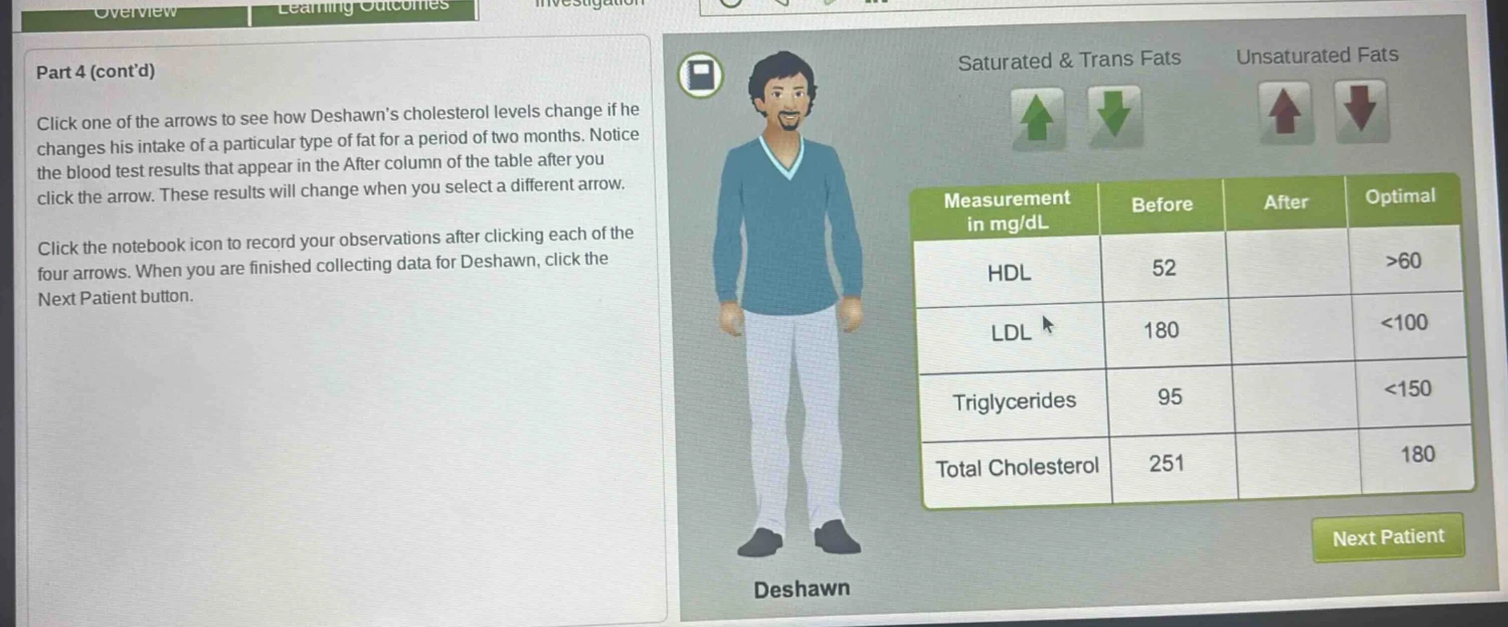 part 4 (contd) click one of the arrows to see how deshawn’s cholesterol…