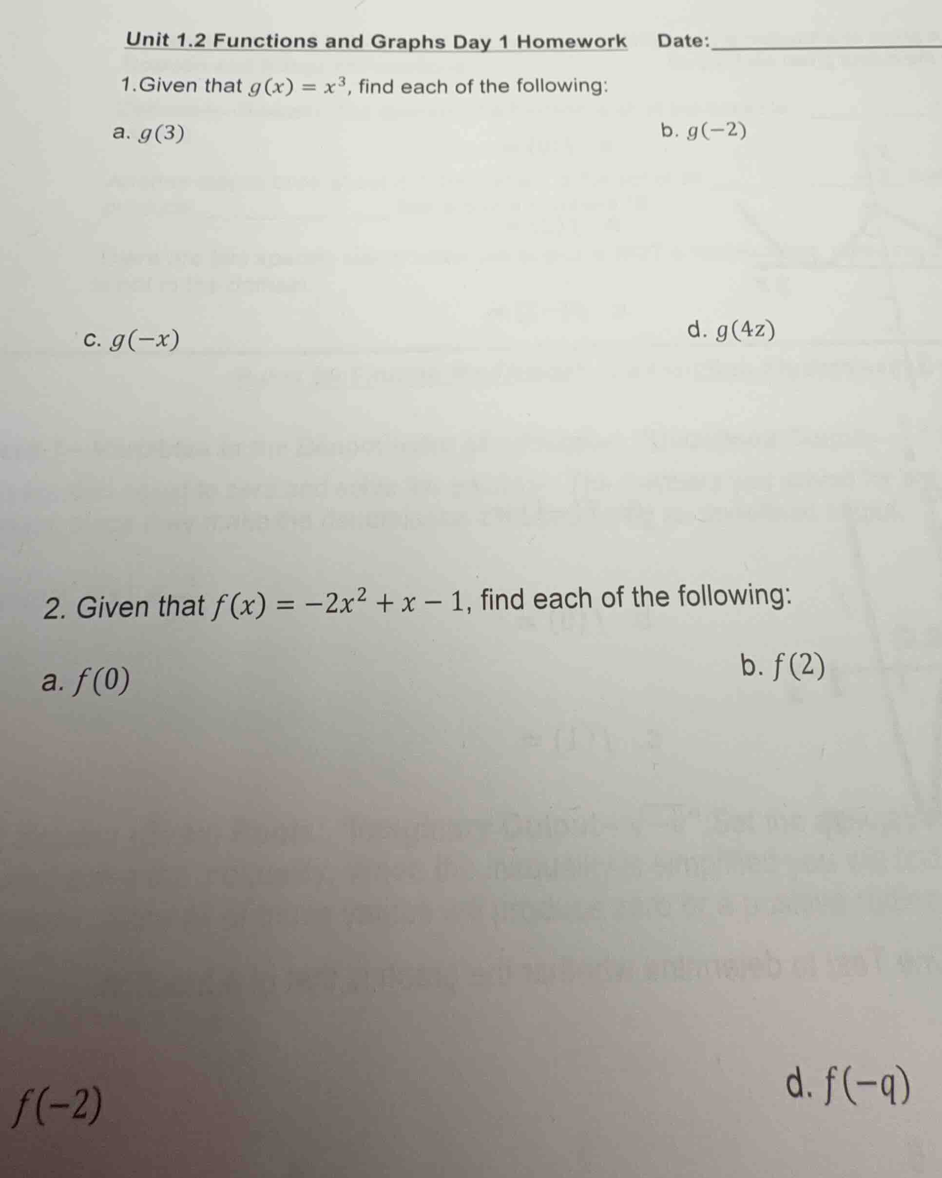 unit 1.2 functions and graphs day 1 homework date: 1. given that $g(x) …