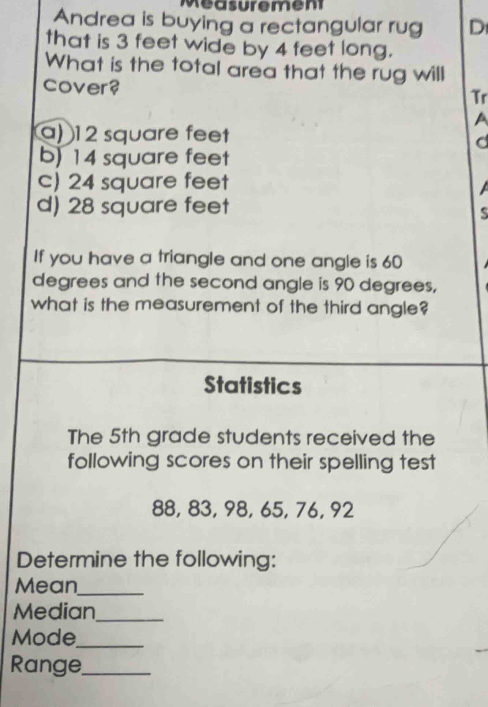measurement andrea is buying a rectangular rug that is 3 feet wide by 4…