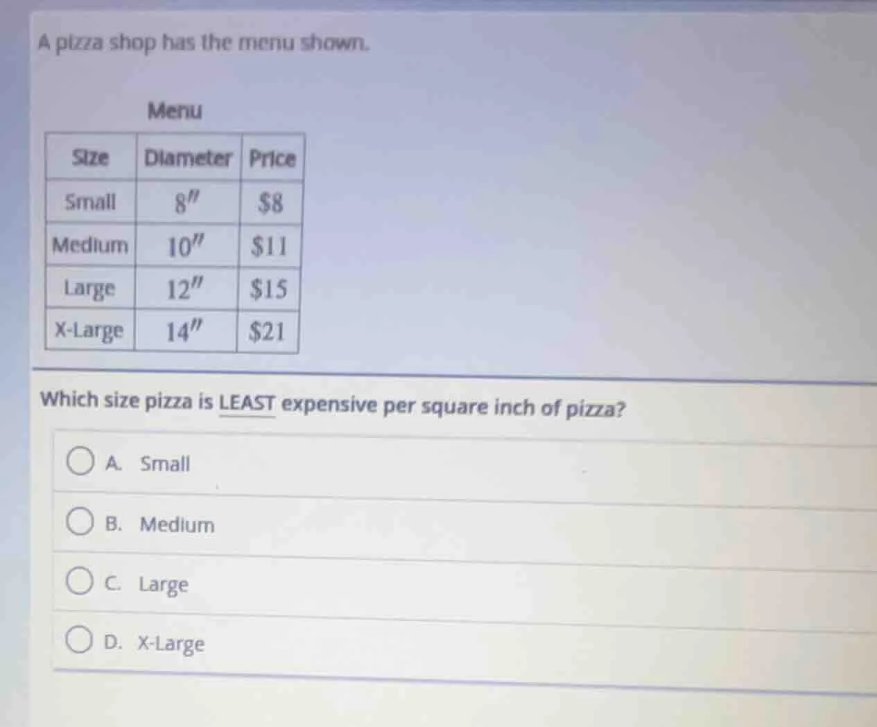 a pizza shop has the menu shown. menu | size | diameter | price | | ---…